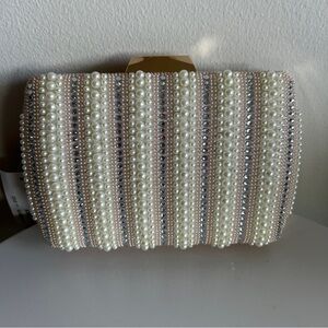 Kelly & Katie Beaded Clutch Purse w/ Strap in White Pearl, Pink, Silver and Gold